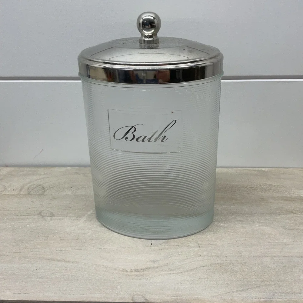 Clear Ribbed Glass Bath Apothecary Jar with Polished Chrome Lid Finial Top